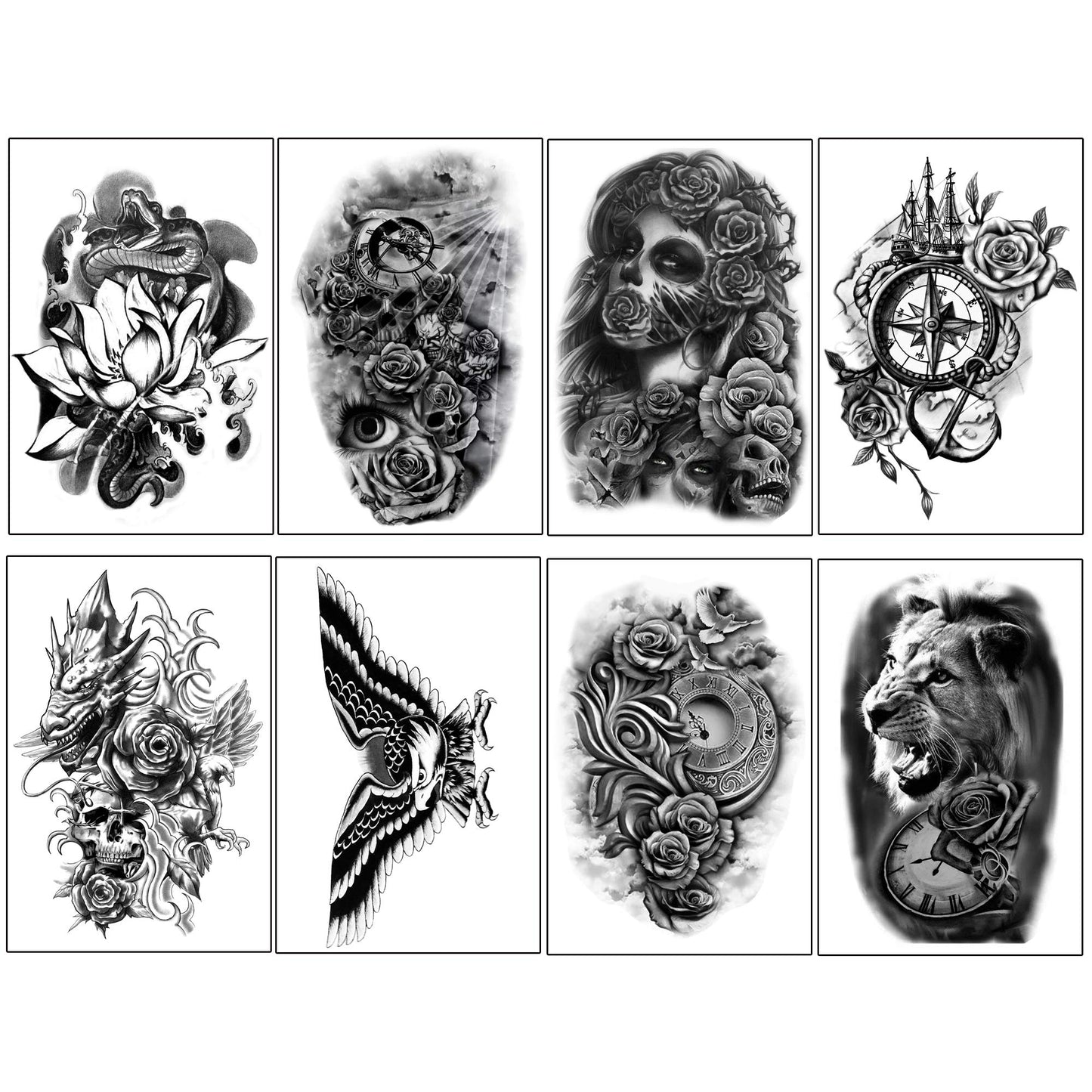 Yazhiji 36 Sheets Temporary Tattoos Stickers, 12 Sheets Fake Body Arm Chest Shoulder Tattoos for Men or Women with 24 PCS Tiny Black Tattoos