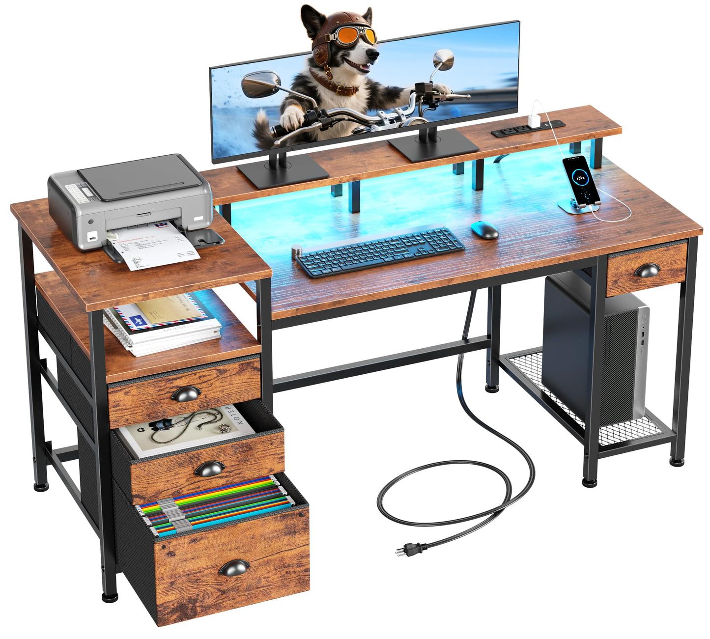 Furologee 60" Black Computer Desk with 4 Drawers and Printer Space, Gaming Desk with LED Lights and USB Power Outlets, Home Office Desk with Fabric File Cabinet,Study Work Table with Shelf for Bedroom
