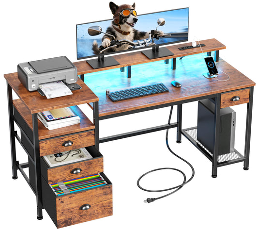 Furologee 60" Black Computer Desk with 4 Drawers and Printer Space, Gaming Desk with LED Lights and USB Power Outlets, Home Office Desk with Fabric File Cabinet,Study Work Table with Shelf for Bedroom