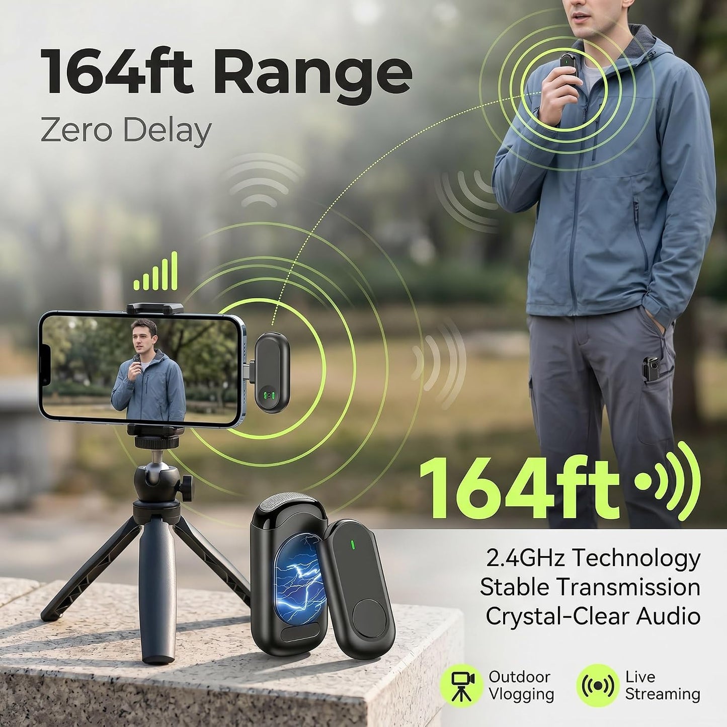 Wireless Mini Microphone for iPhone Android,Mini Mic for Video Recording,Plug & Play Lapel Professional Mic with Noise Reduction, Mute, and Reverb for YouTube TikTok Vlog Podcast