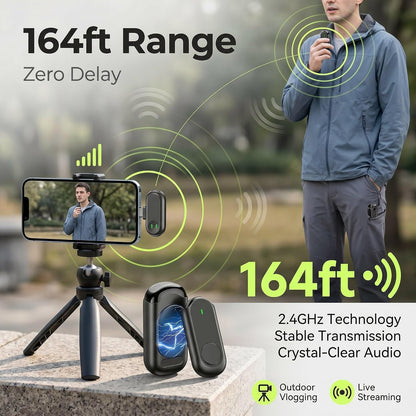 Wireless Mini Microphone for iPhone Android,Mini Mic for Video Recording,Plug & Play Lapel Professional Mic with Noise Reduction, Mute, and Reverb for YouTube TikTok Vlog Podcast