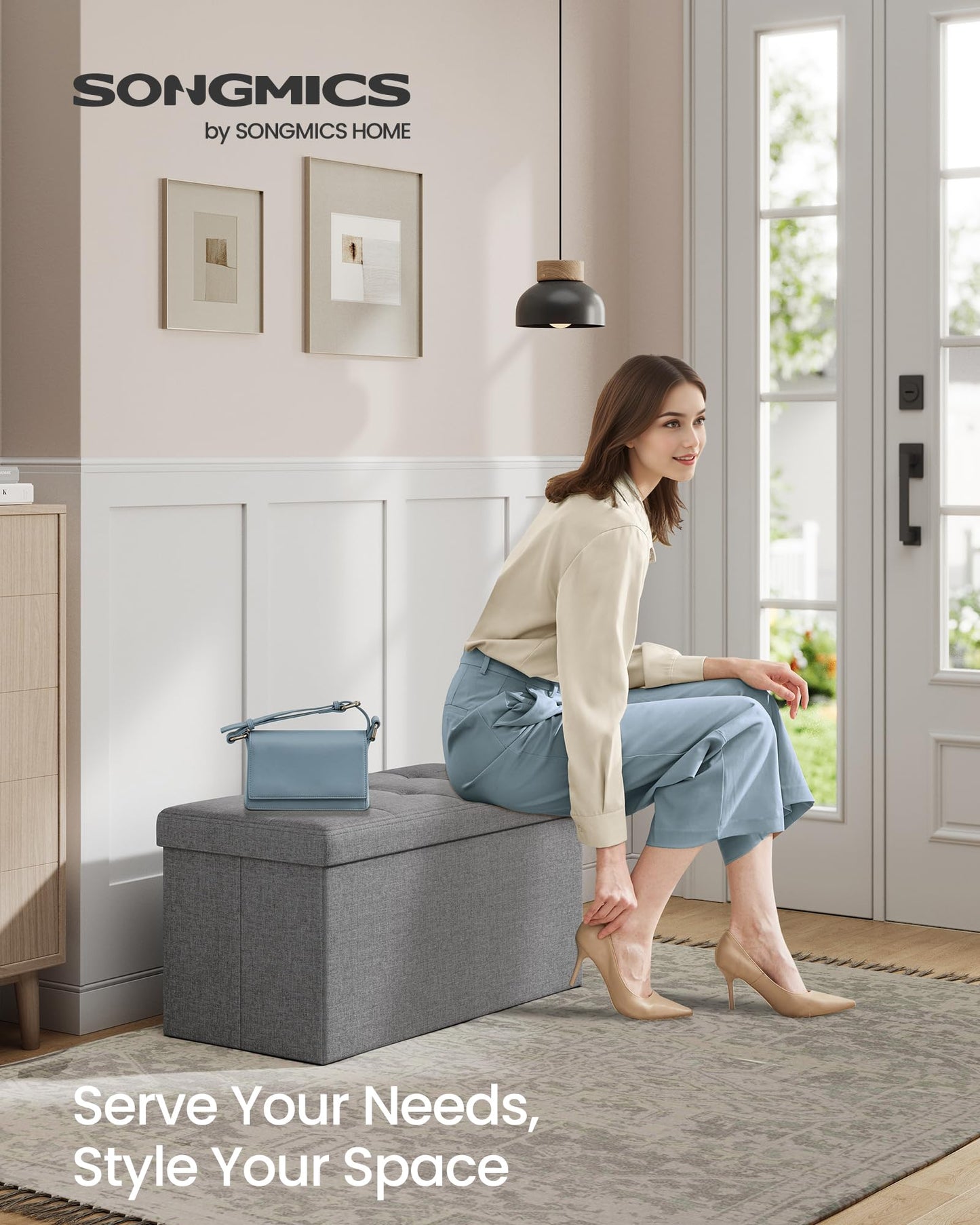 SONGMICS MAZIE Collection - 30 Inches Folding Storage Ottoman Bench, Ottoman Foot Rest, End of Bed Bench, Storage Chest, Load 660 lb, for Living Room, Bedroom, Entryway, Dark Gray ULSF47K