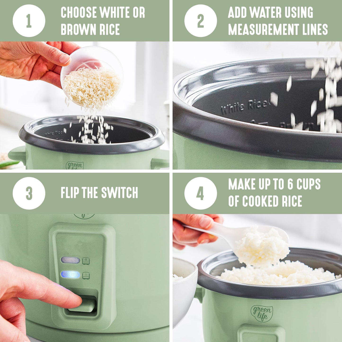 GreenLife Rice Cooker with Removable PFAS-Free Ceramic Nonstick Pot, 3-Cups Uncooked/6-Cups Cooked, Grains & Oatmeal Multicooker, Compact One-Switch Design, Auto Keep Warm, Easy Clean, Cream