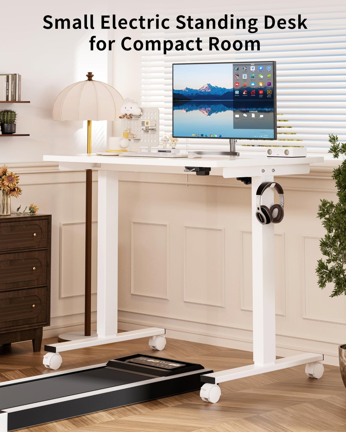 Okin Small Electric Standing Desk, 36" x 24" Whole Piece Height Adjustable Desk, Oak Sit to Stand Computer Workstation with Wheels for Home Office