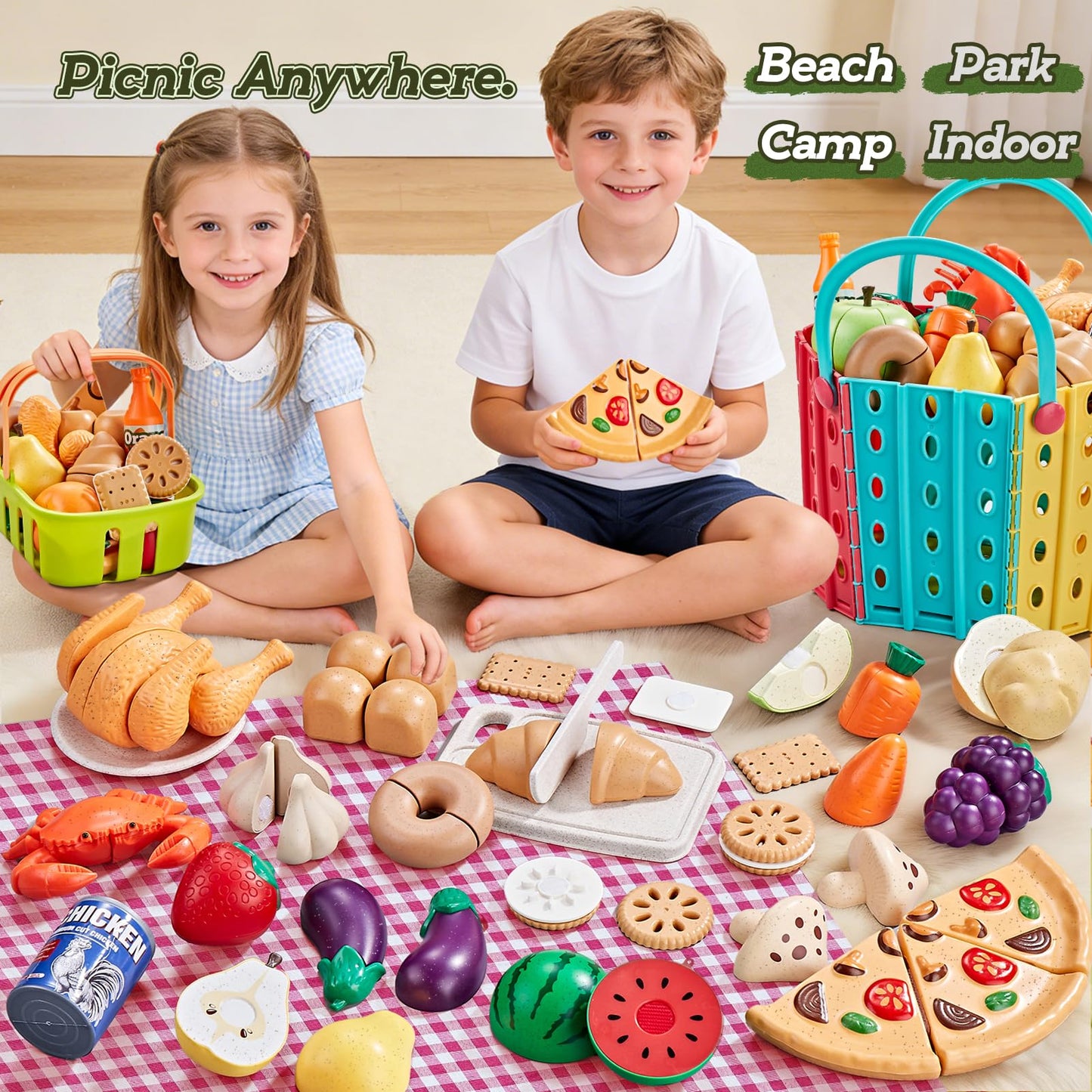 LAUGIGLE Pretend Play Food for Kids Kitchen, 78Pc Cutting Toy Food with Storage Bag