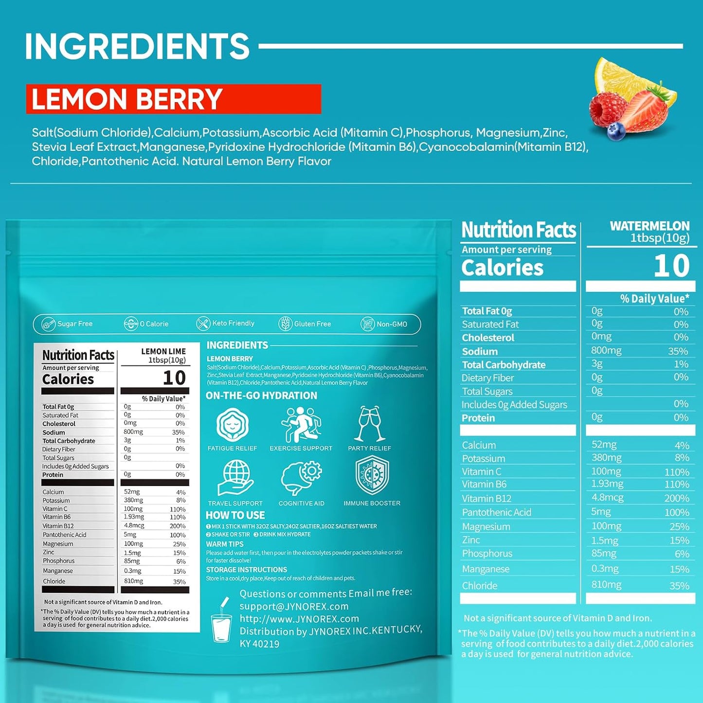 Electrolytes Powder Packets Sugar Free, 30 Sticks High Sodium Hydration Packets, Electrolyte Drink Mix with Lemon Lime Watermelon Peach Berry Kiwi Tropical Punch Lychee Cranberry, 10.5OZ