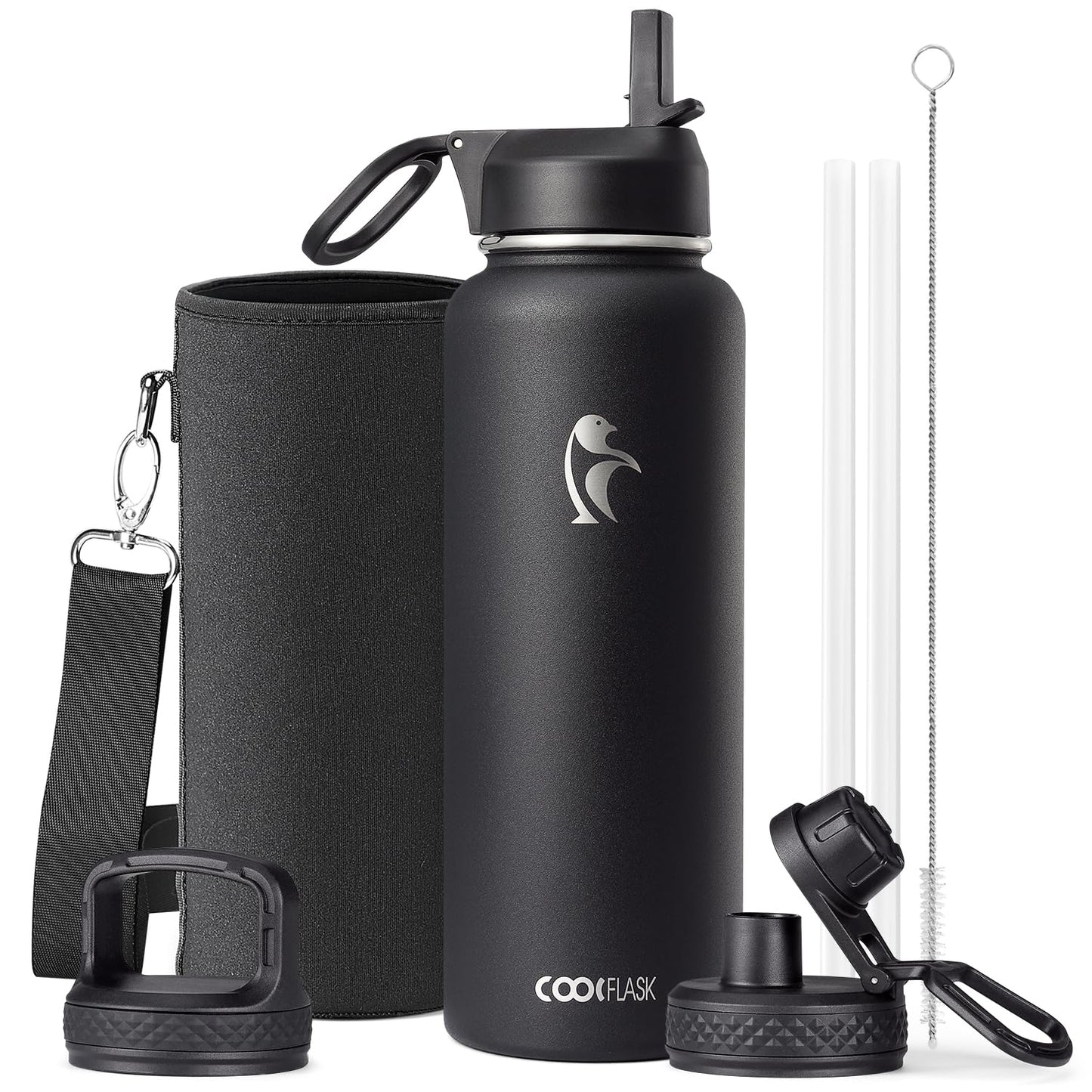 Half Gallon Water Bottle Insulated with Straw & 3 Lids, Coolflask 64 oz Water Jug Large Metal Stainless Steel Wide Mouth for Sports, Gym or Office, Non-BPA Keep Cold 48H Hot 24H, Samurai Cyan