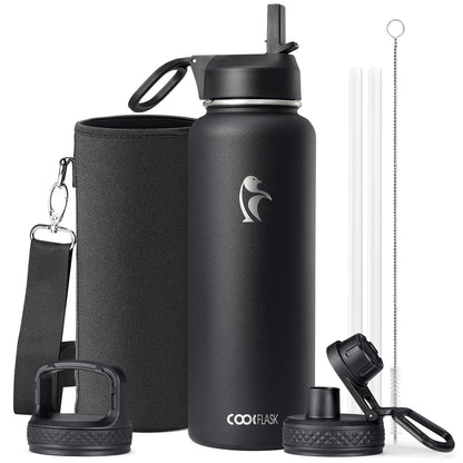 Half Gallon Water Bottle Insulated with Straw & 3 Lids, Coolflask 64 oz Water Jug Large Metal Stainless Steel Wide Mouth for Sports, Gym or Office, Non-BPA Keep Cold 48H Hot 24H, Samurai Cyan