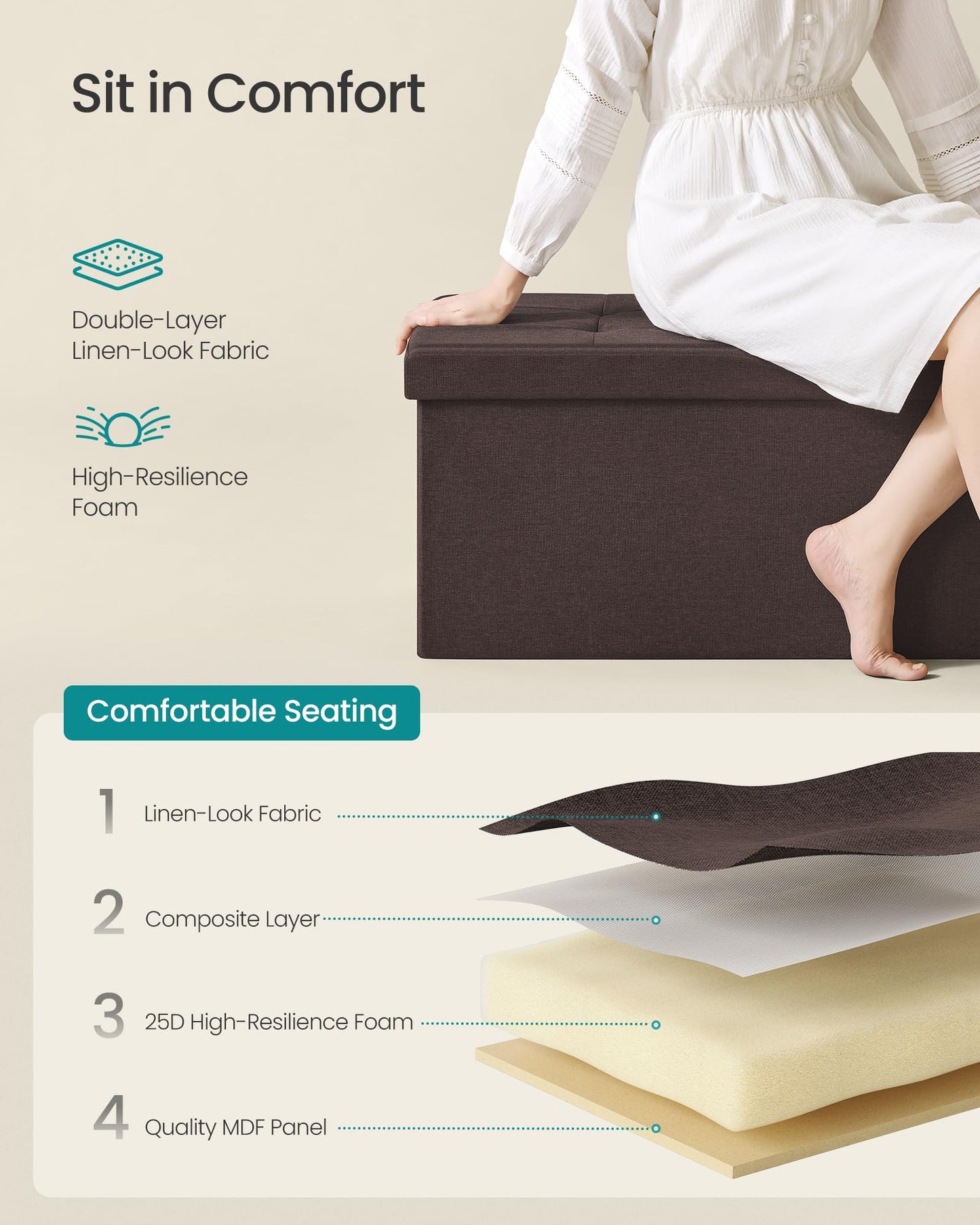SONGMICS MAZIE Collection - 30 Inches Folding Storage Ottoman Bench, Ottoman Foot Rest, End of Bed Bench, Storage Chest, Load 660 lb, for Living Room, Bedroom, Entryway, Dark Gray ULSF47K