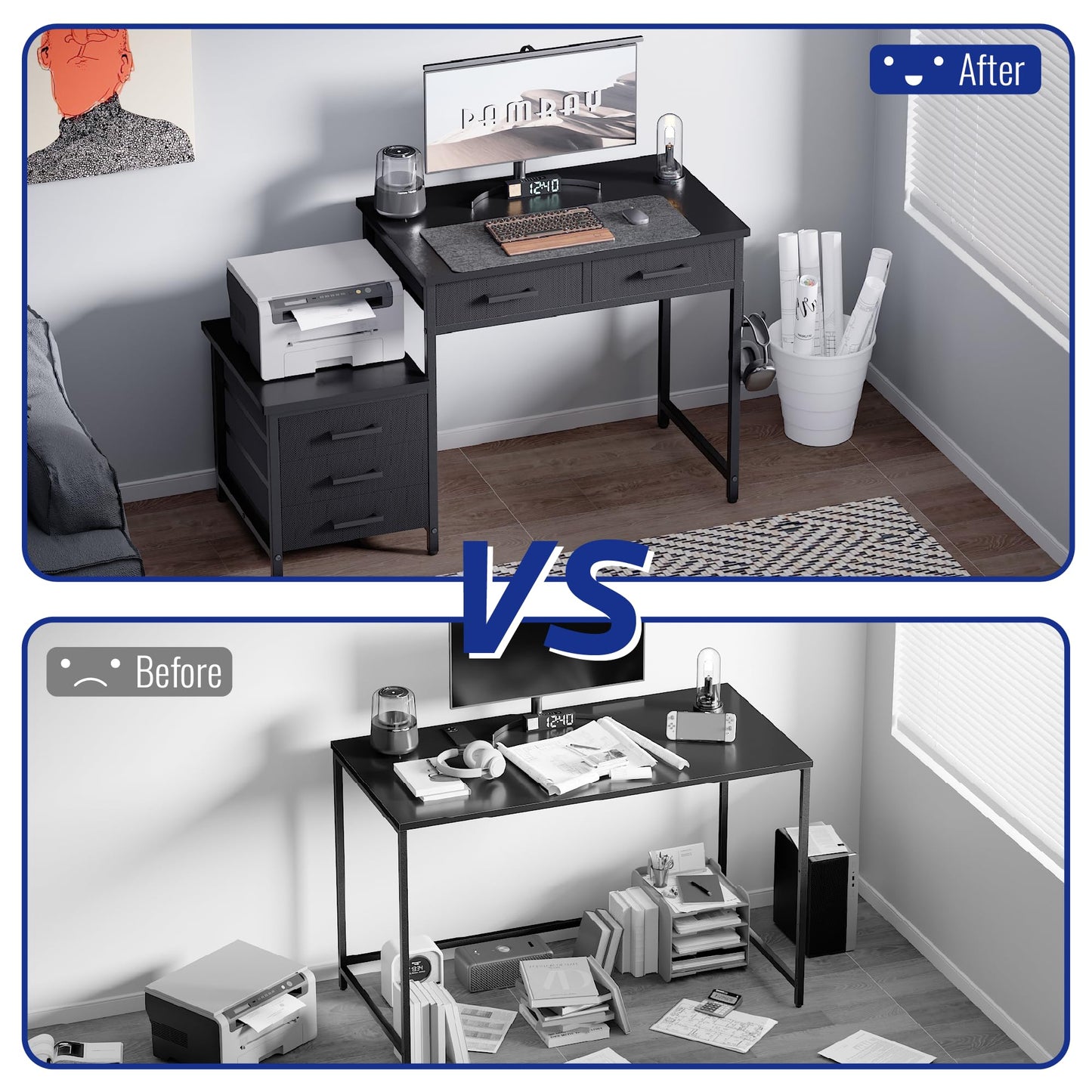 Pamray 47 inch Computer Desk with 5 Drawers and Printer Space for Office | Ample Storage, Space-saving, Easy Assembly, Sturdy, Suitable for Home Office, Study and Writing, Bedroom and Dorms
