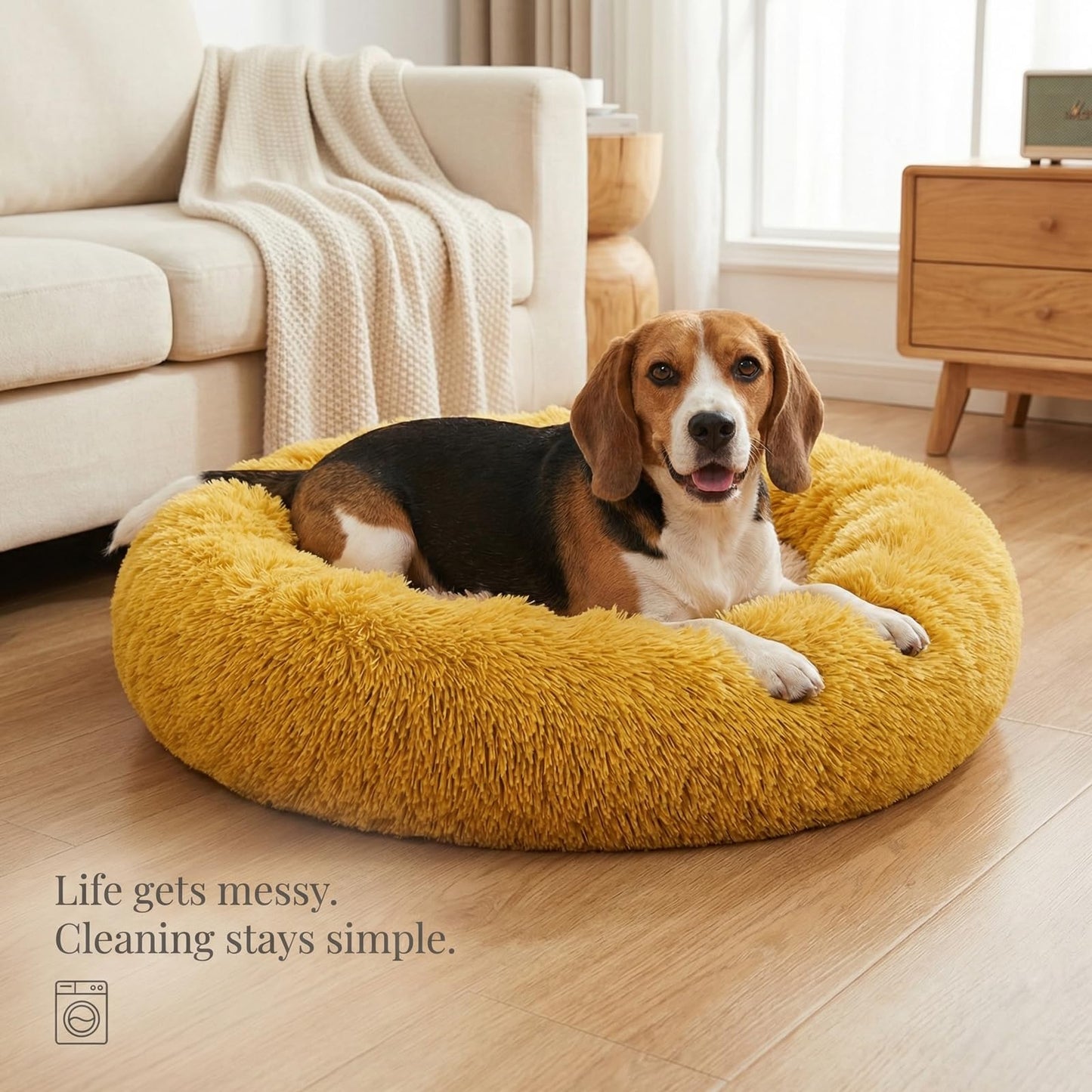 Small Calming Dogs Bed for Small Dogs Anti-Anxiety Machine Washable Fluffy Luxury Anti-Slip Waterproof Mute Base Warming Cozy Soft Pet Puppy Round Bed
