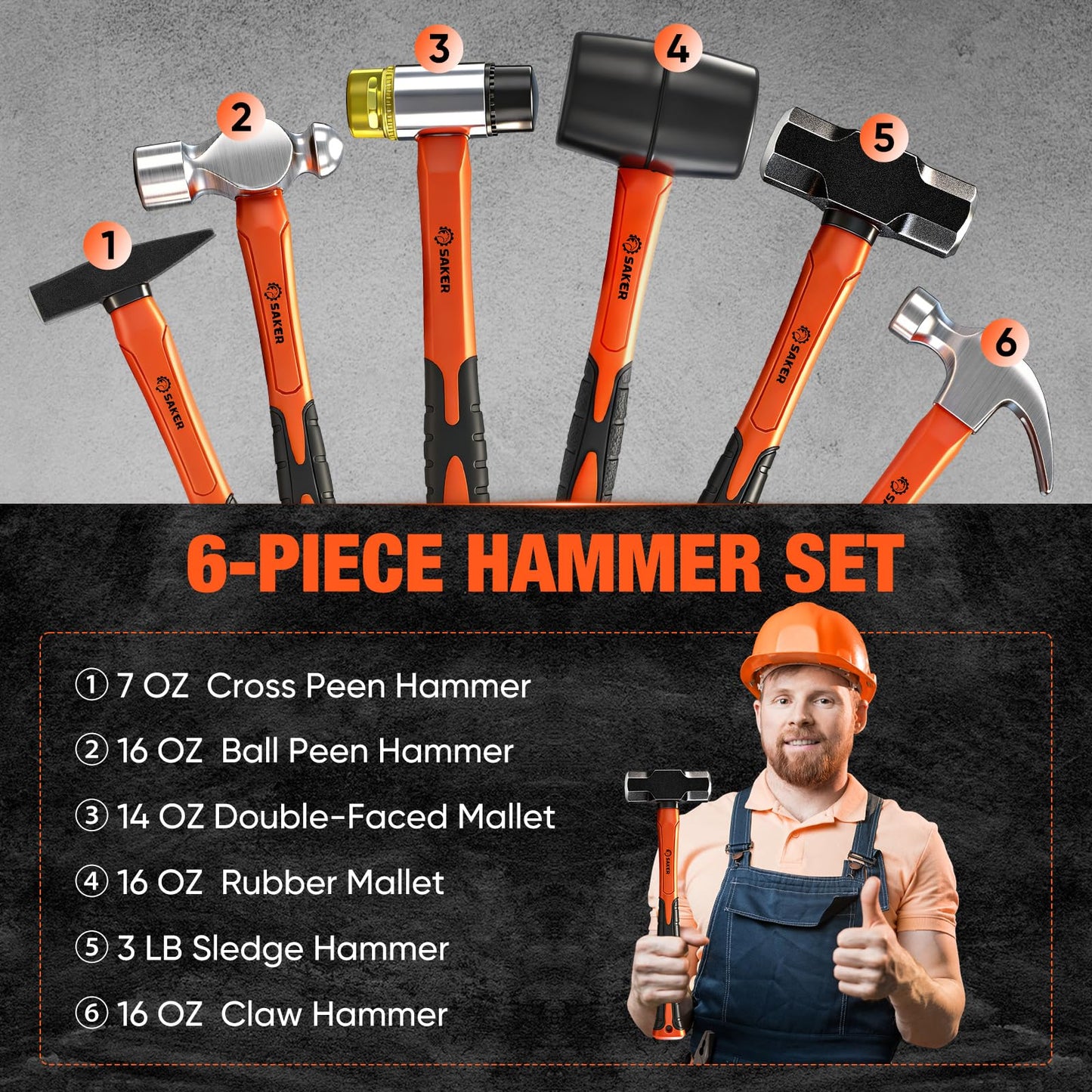 Saker 5-Piece Hammer Set,3lb Sledge Hammer,16oz Rubber Mallet, 16oz Ball Peen Hammer & Claw Hammer, 7oz Cross Peen Hammer for Home Repair & DIY Projects