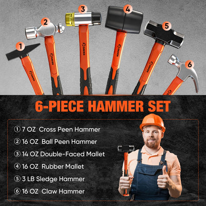 Saker 5-Piece Hammer Set,3lb Sledge Hammer,16oz Rubber Mallet, 16oz Ball Peen Hammer & Claw Hammer, 7oz Cross Peen Hammer for Home Repair & DIY Projects
