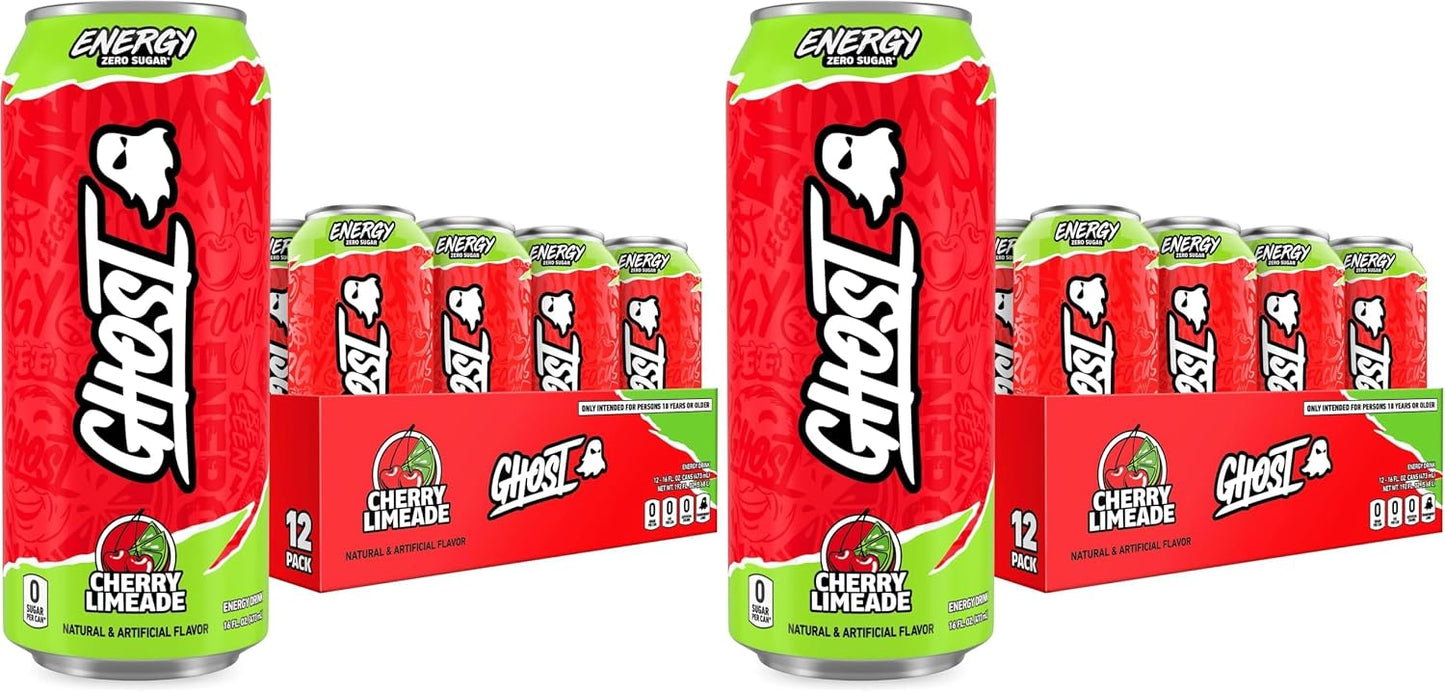 GHOST Energy Drink, Zero Sugars, 12-Pack, Cherry Limeade, 16oz | Energy & Focus Pre Workout Drink, No Artificial Colors, Gluten-Free, Vegan - 200MG Natural Caffeine, L-Carnitine, Taurine