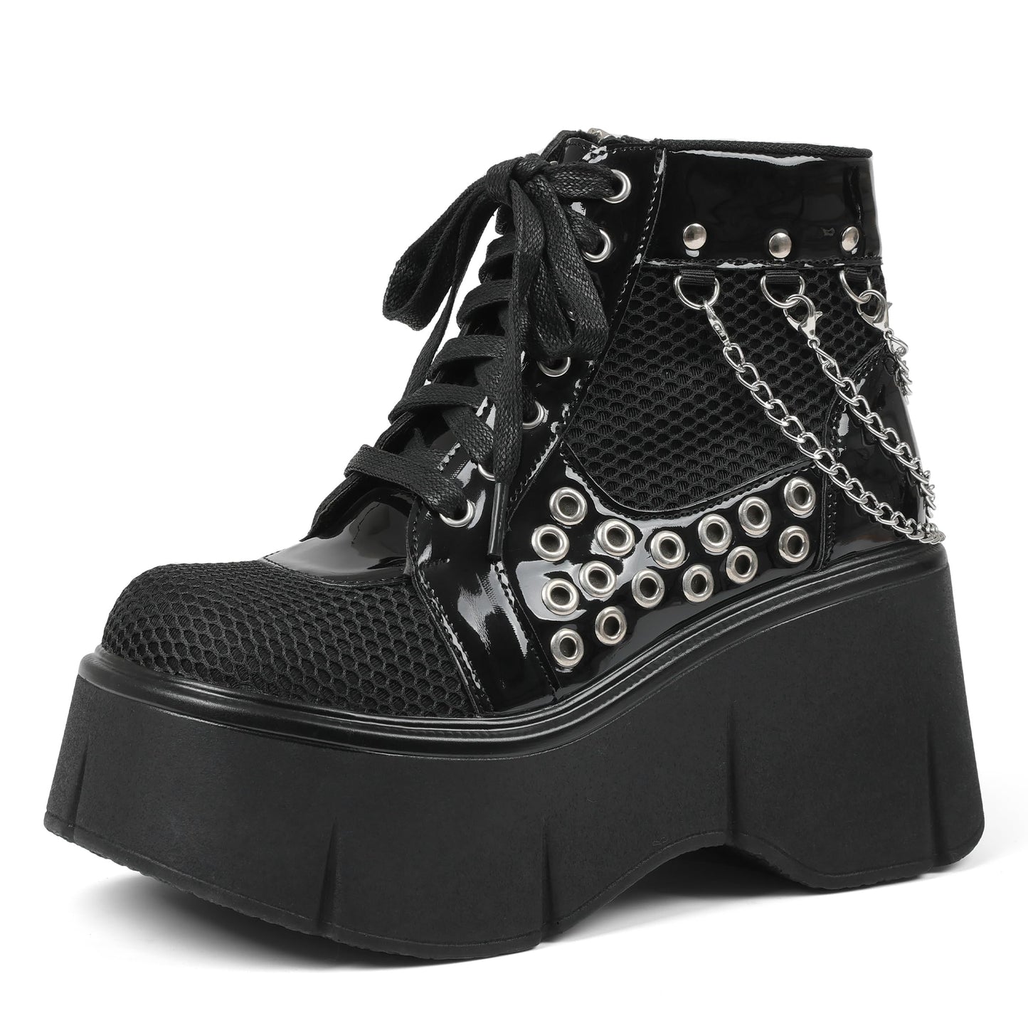 Women's Black Platform Boots Wedge Goth Round Toe Lace Up Chain Mesh Punk Combat Ankle Booties