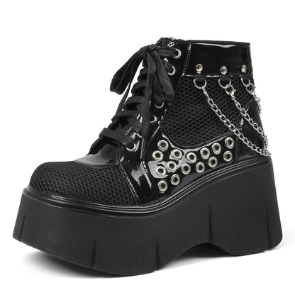 Women's Black Platform Boots Wedge Goth Round Toe Lace Up Chain Mesh Punk Combat Ankle Booties
