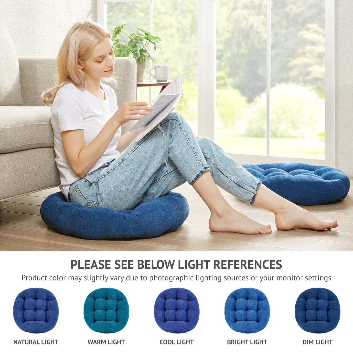 Meditation Floor Pillow Set of 2, Round Large Pillows Seating for Adults, Tufted Corduroy Cushion for Living Room Tatami, Beige 22 Inch