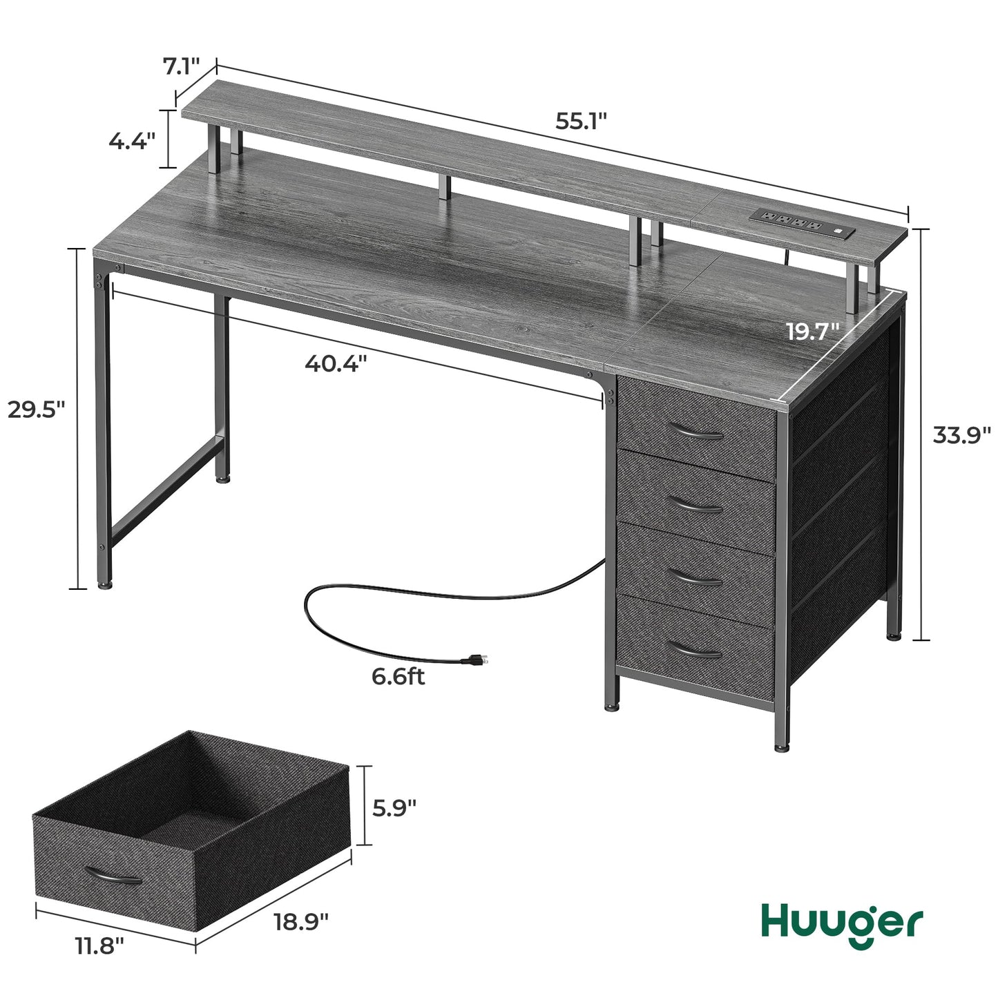 Huuger 47 Inch Computer Desk with Power Outlets and LED Lights, Gaming Desk with 4 Drawers, Office Desk with Monitor Stand, Study Work Home Office, Small Spaces, Black