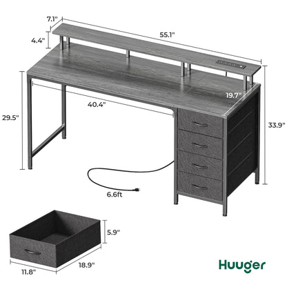 Huuger 47 Inch Computer Desk with Power Outlets and LED Lights, Gaming Desk with 4 Drawers, Office Desk with Monitor Stand, Study Work Home Office, Small Spaces, Black
