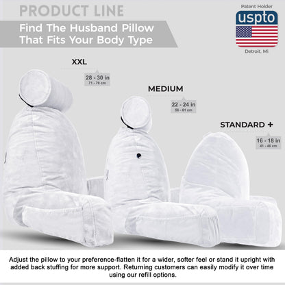 Husband Pillow XXL The Original for Adults - 30" Tall Backrest for Sitting Up in Bed - Firm Support Reading & Bed Rest Pillows for Adults, Neck Roll, Removable Cover - TV - Dark Grey