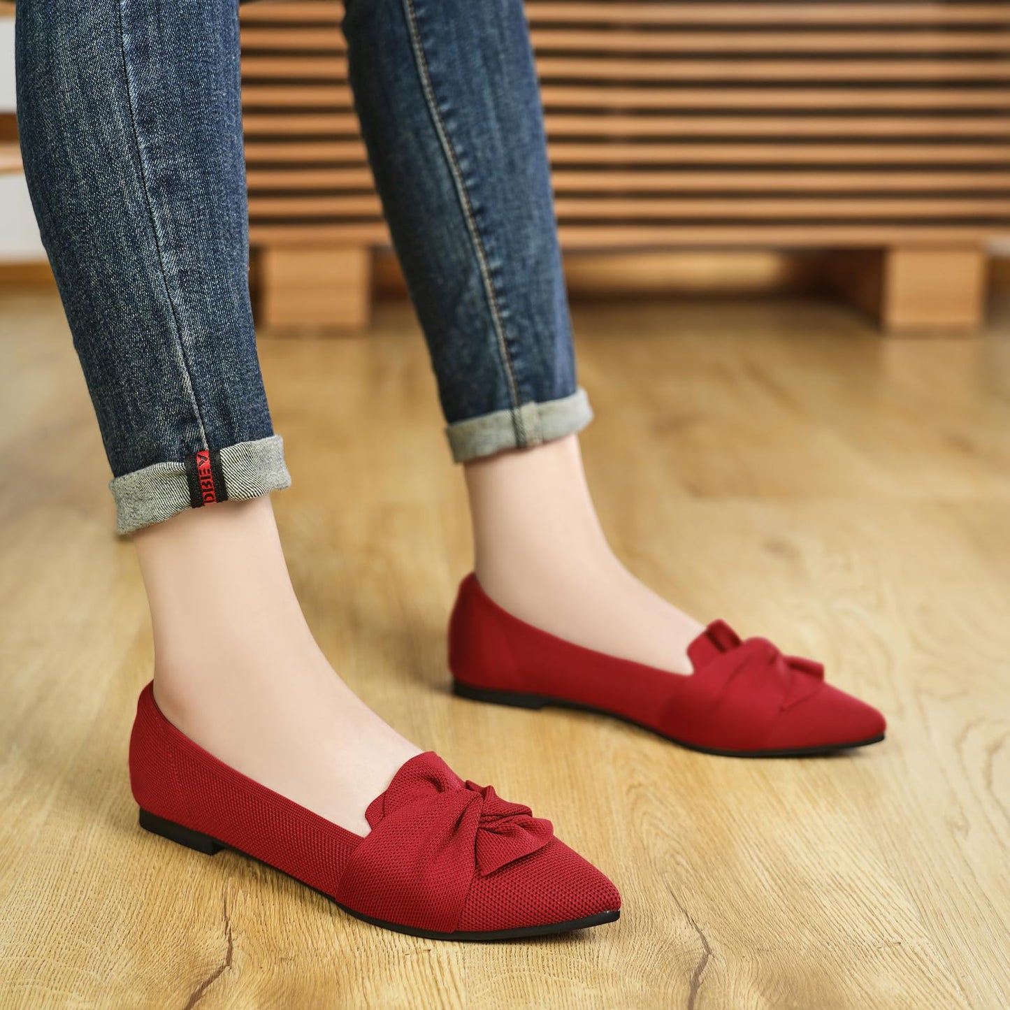 HIULYCENCE Flats for Womens Pointed Toe Ballet Flats with Bow Comfortable Knit Dressy Flats
