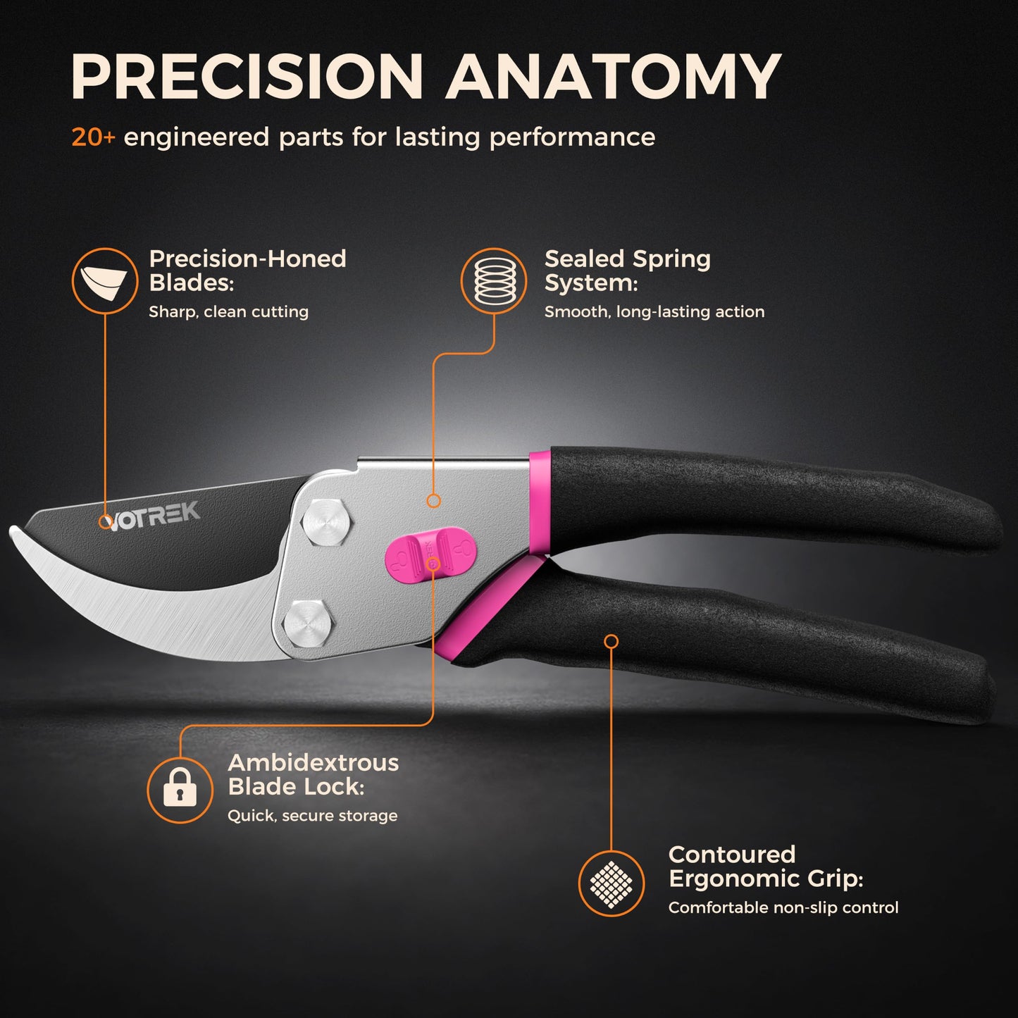 VOTREK® Pruning Shears, 8.5” Professional Garden Pruner with Jam-Proof Spring & Ever-Sharp SK5 Blade, Ergonomic Bypass Clippers for Rose, Tree Trimming, Heavy Duty Bonsai Scissor for Weak Hand