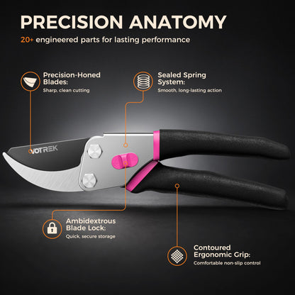 VOTREK® Pruning Shears, 8.5” Professional Garden Pruner with Jam-Proof Spring & Ever-Sharp SK5 Blade, Ergonomic Bypass Clippers for Rose, Tree Trimming, Heavy Duty Bonsai Scissor for Weak Hand