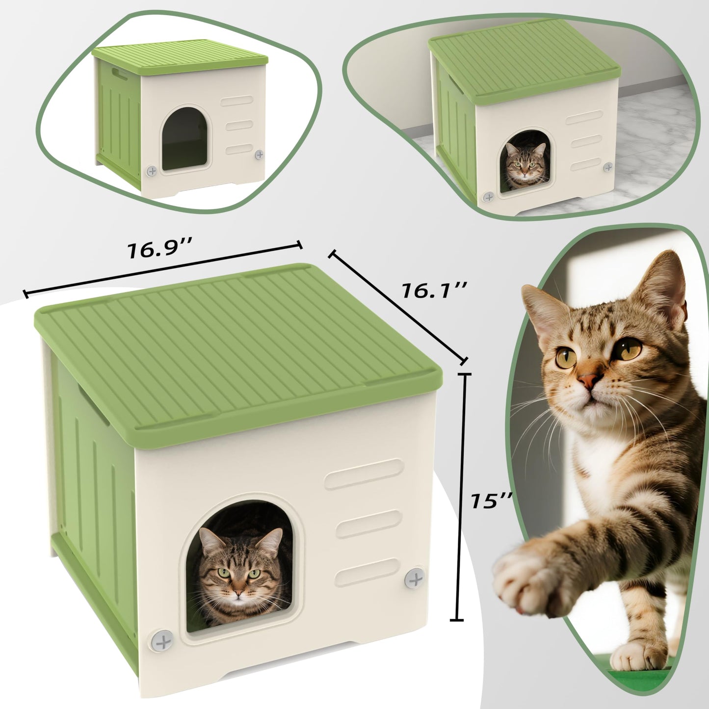 Plastic Cat House for Outdoor Indoor Use, Stackable Feral Cat Shelter Indoor Cat House Weatherproof Waterproof Elevated (Green)