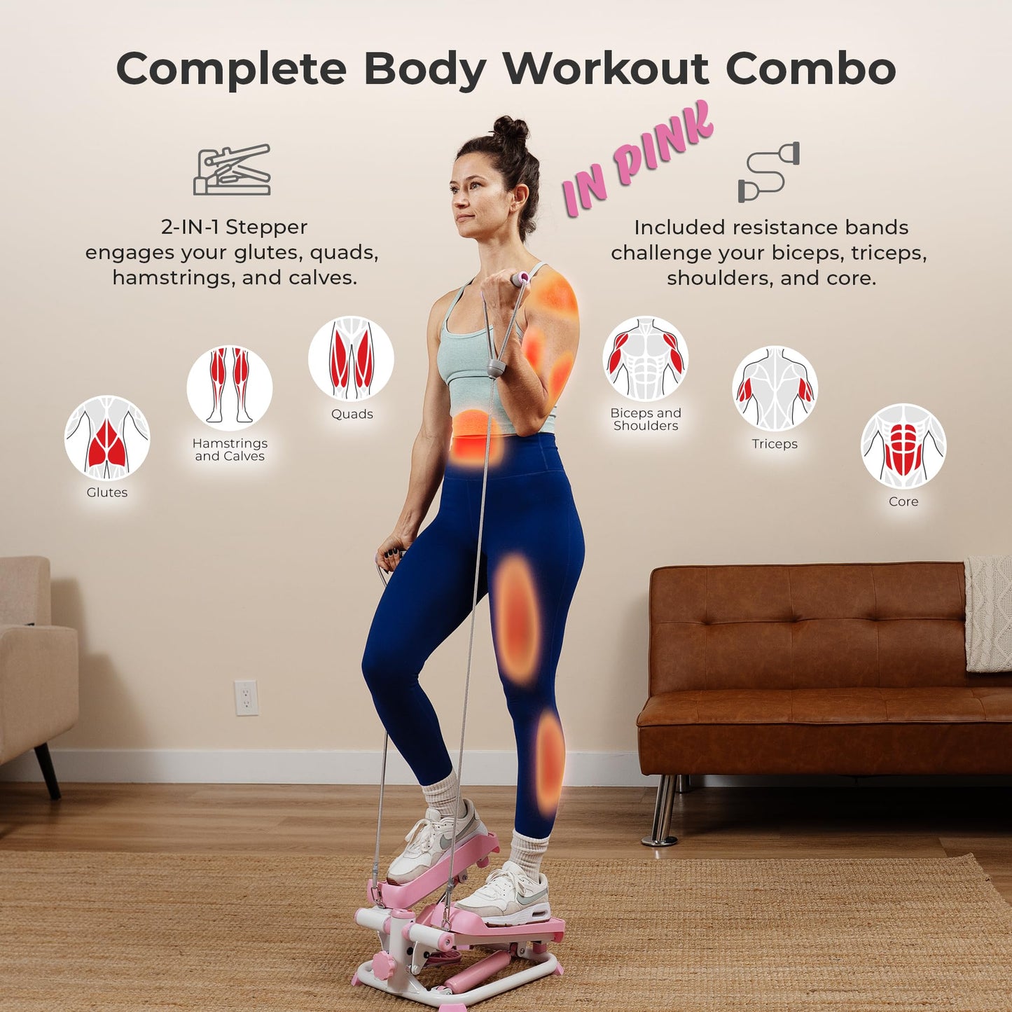 Sunny Health & Fitness Mini Steppers for Exercise at Home, Stair Step Workout Machine with Resistance Bands, Full Body Cardio Equipment, Optional Free SunnyFit App Connection Smart Stepper