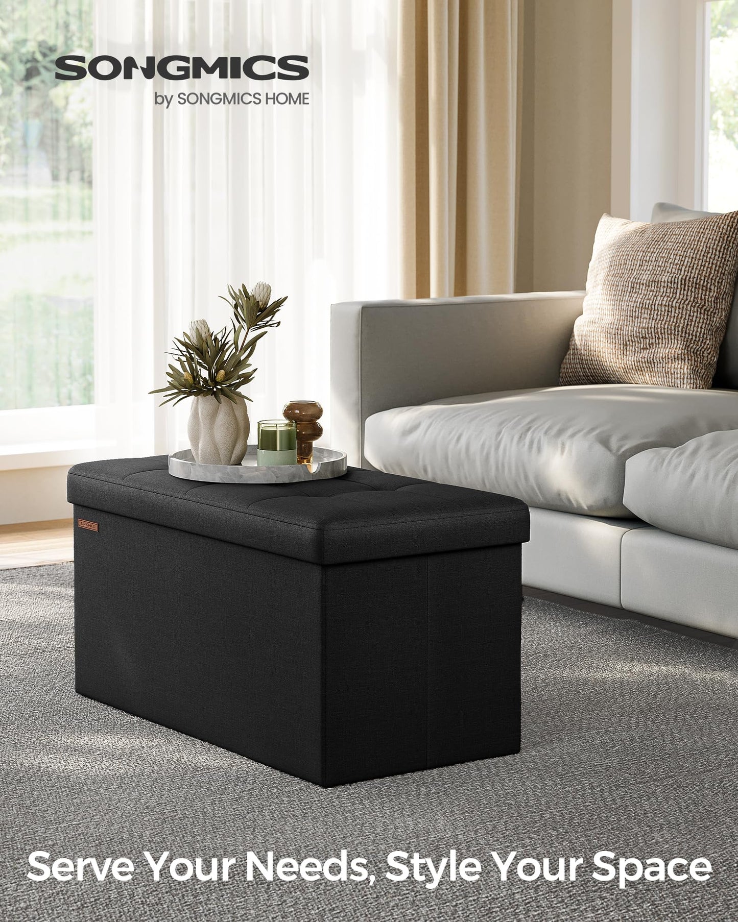 SONGMICS MAZIE Collection - 30 Inches Folding Storage Ottoman Bench, Ottoman Foot Rest, End of Bed Bench, Storage Chest, Load 660 lb, for Living Room, Bedroom, Entryway, Dark Gray ULSF47K