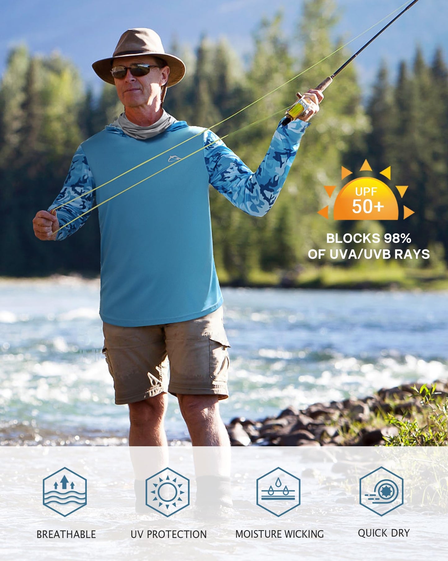 FISHEAL Men's Performance Fishing Hoodie Shirt - UPF 50+ UV Sun Protection Long Sleeve Shirts with Mesh Face Mask