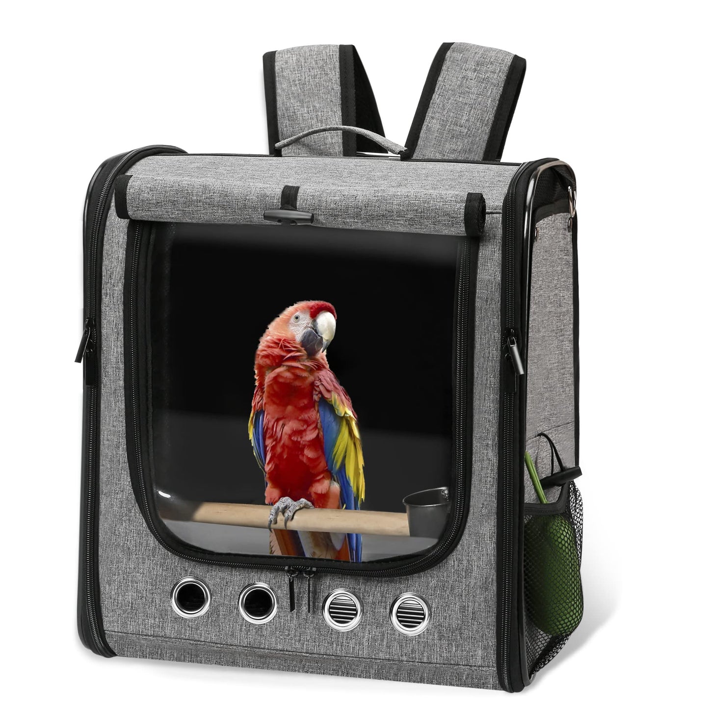 Bird Carrier Bag with Stand, Lightweight Backpack for Parrot, Portable Cockatiel Travel Cage with Accessories, Pet Transparent Breathable Carrier, Gray