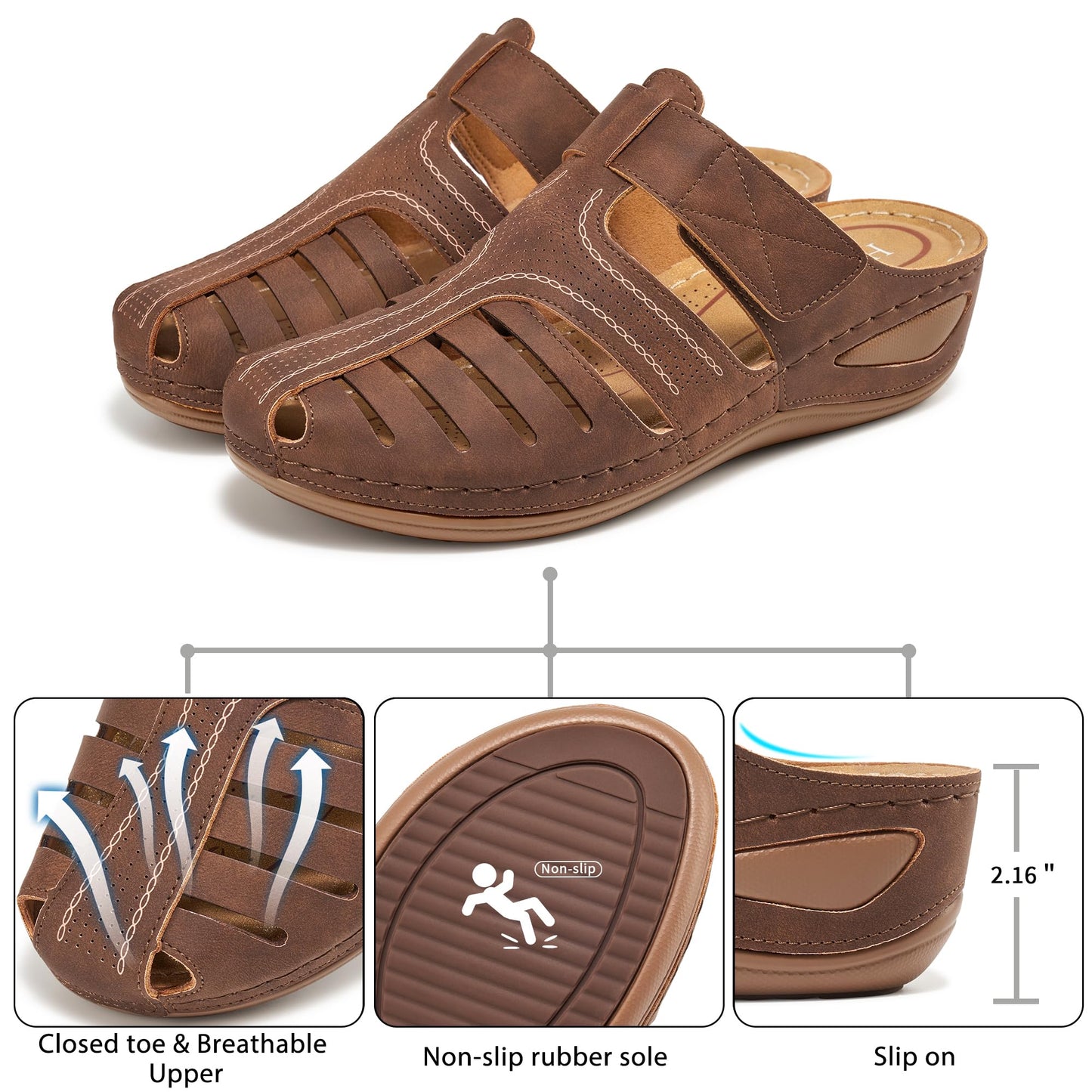 HARENCE Clogs for Women Mules Shoes: Comfortable Dressy Closed Toe Platform Sandals 2026 Summer Casual Adjustable Slip On Walking Wedges