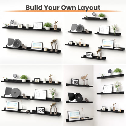 upsimples Floating Shelves for Wall, Wall Shelves for Decor Storage Set of 6, Wall Mounted Wood Shelf for Bedroom, Living Room, Bathroom, Kitchen, Picture Ledge Shelf, Black