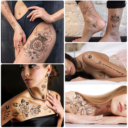 Yazhiji 36 Sheets Temporary Tattoos Stickers, 12 Sheets Fake Body Arm Chest Shoulder Tattoos for Men or Women with 24 PCS Tiny Black Tattoos