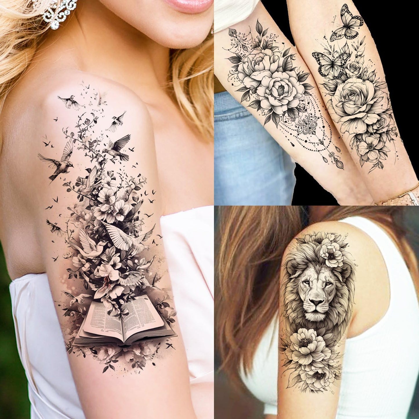 12 Sheets Beautiful Butterfly Flowers Temporary Tattoos For Women Feet Hands Body Art, Realistic Rose Peony Floral Fake Tattoo Sticker For Legs Ankle, Waterproof Lily Dreamcatcher Temp Tatoos Decals