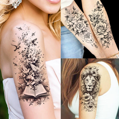 12 Sheets Beautiful Butterfly Flowers Temporary Tattoos For Women Feet Hands Body Art, Realistic Rose Peony Floral Fake Tattoo Sticker For Legs Ankle, Waterproof Lily Dreamcatcher Temp Tatoos Decals
