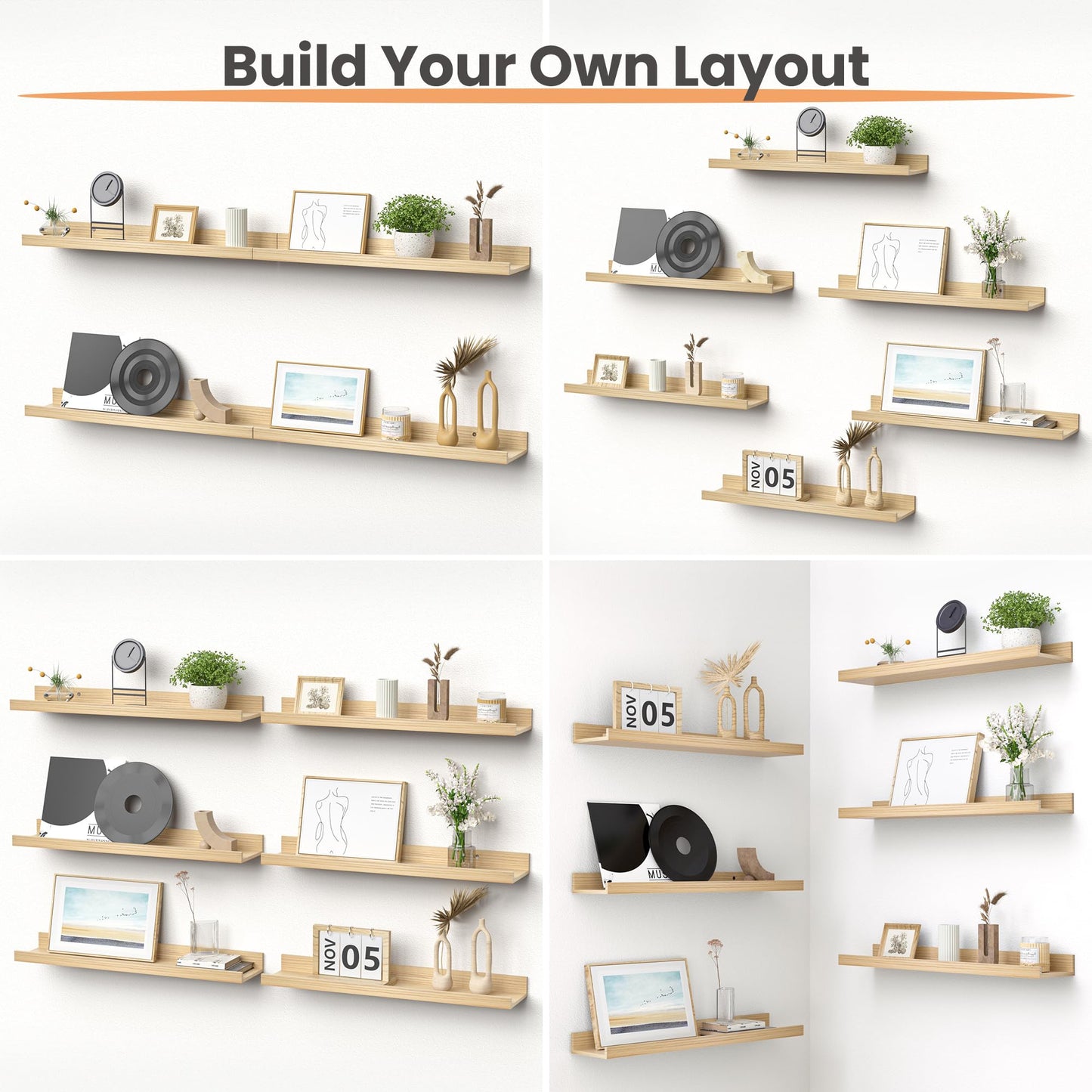 upsimples Floating Shelves for Wall, Wall Shelves for Decor Storage Set of 6, Wall Mounted Wood Shelf for Bedroom, Living Room, Bathroom, Kitchen, Picture Ledge Shelf, Black