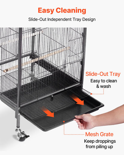 VEVOR Bird Cage, 24.6 x 16.7 x 53.9 inch, Flat Top, Wrought Iron Bird Flight Cage with Perches, Slide-Out Tray and Plastic Feeders, Casters, for Parrot, Blue Tit, Cockatiel, Canary, Budgerigar, Conure