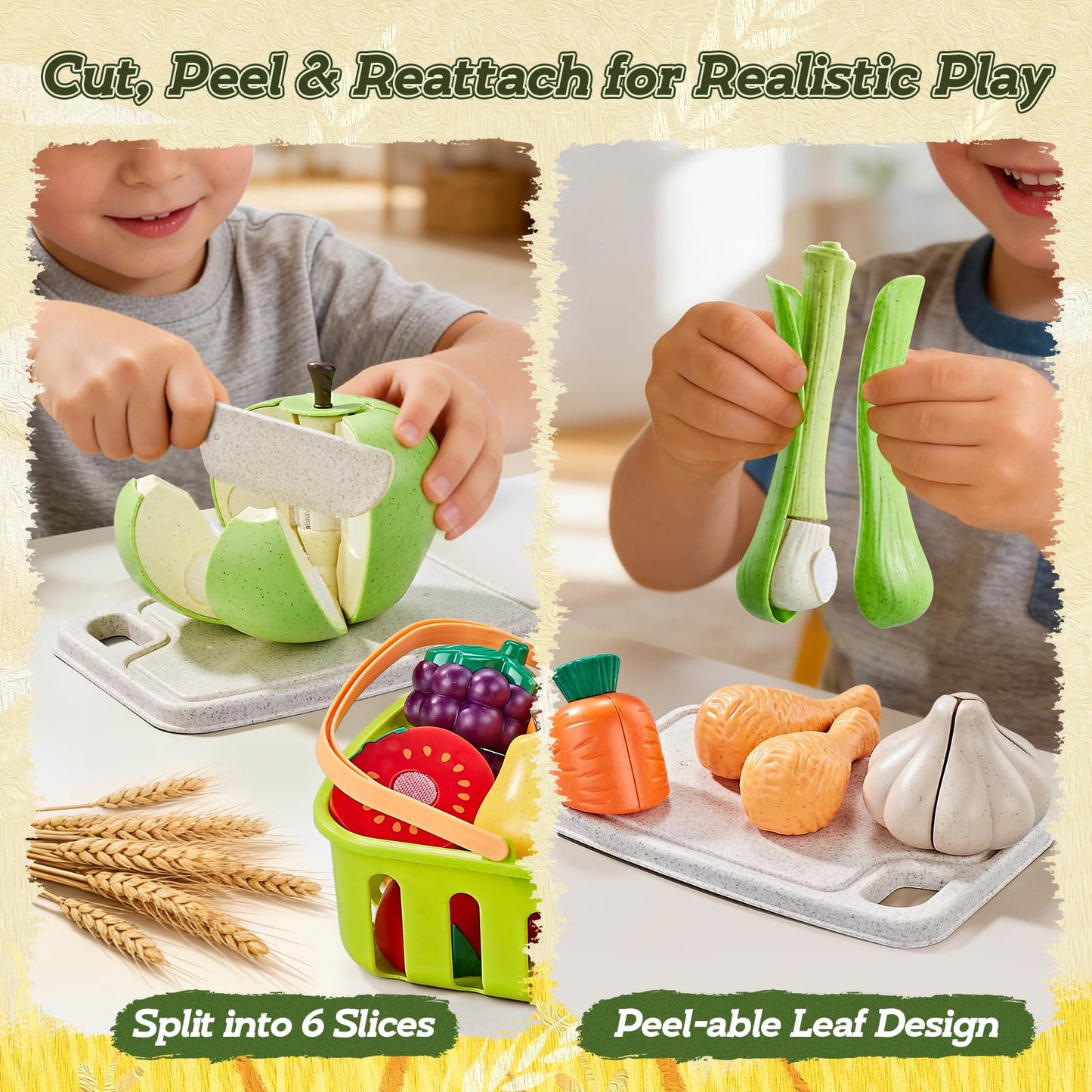 LAUGIGLE Pretend Play Food for Kids Kitchen, 78Pc Cutting Toy Food with Storage Bag