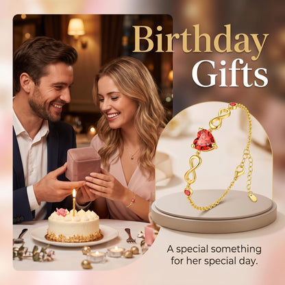 14K Gold Infinity Birthstone Bracelets for Women, Infinity Love Heart Birthstone Link Bracelets for Women, 14K Gold Plated Jewelry Birthday Gifts for Wife Girlfriend Mom, 7+2 Inch