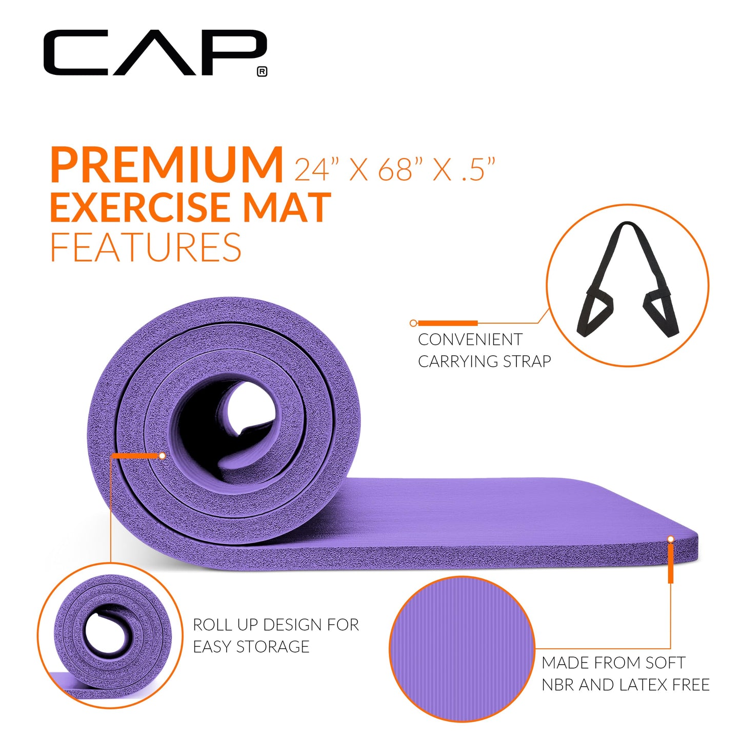CAP Barbell 1/2-Inch High Density Exercise Yoga Mat with Strap | Multiple Options