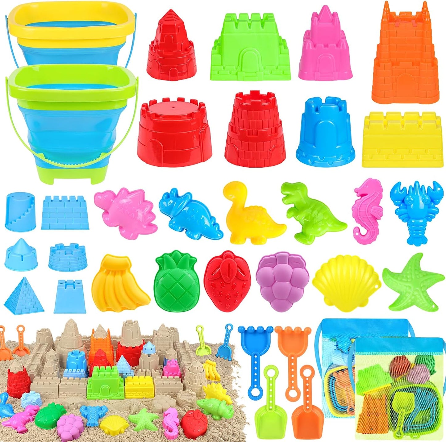 RACPNEL Collapsible Beach Toys Set for Kids Toddlers, Travel Beach Sand Castle Kits with Mesh Bag & Molds, Collapsible Sand Bucket and Shovel Set, Sandbox Toys for Toddlers Kids Age 3-12