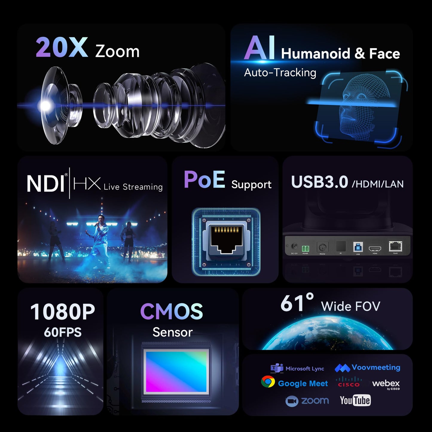 Tenveo 4K NDI PTZ Camera AI Humanoid & Face Auto-Tracking, HDMI/LAN/USB3.0 PoE PTZ Camera 20X Optical Zoom IP Live Streaming, for Church Services Worship Video Conference Live Streaming YouTube OBS