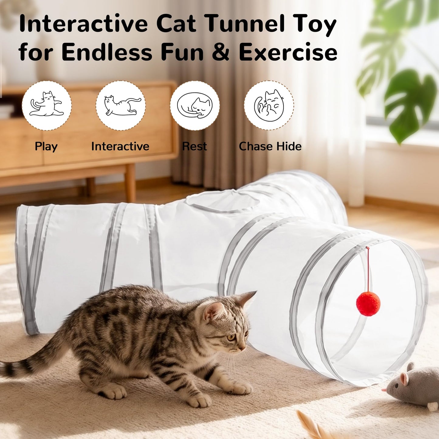 Tempcore Pet Cat Tunnel Tube Toys 3 Way Collapsible, Tunnels for Indoor Cats, Interactive Tube with Teaser Wand, Peek Holes & Hanging Ball, Black & Blue