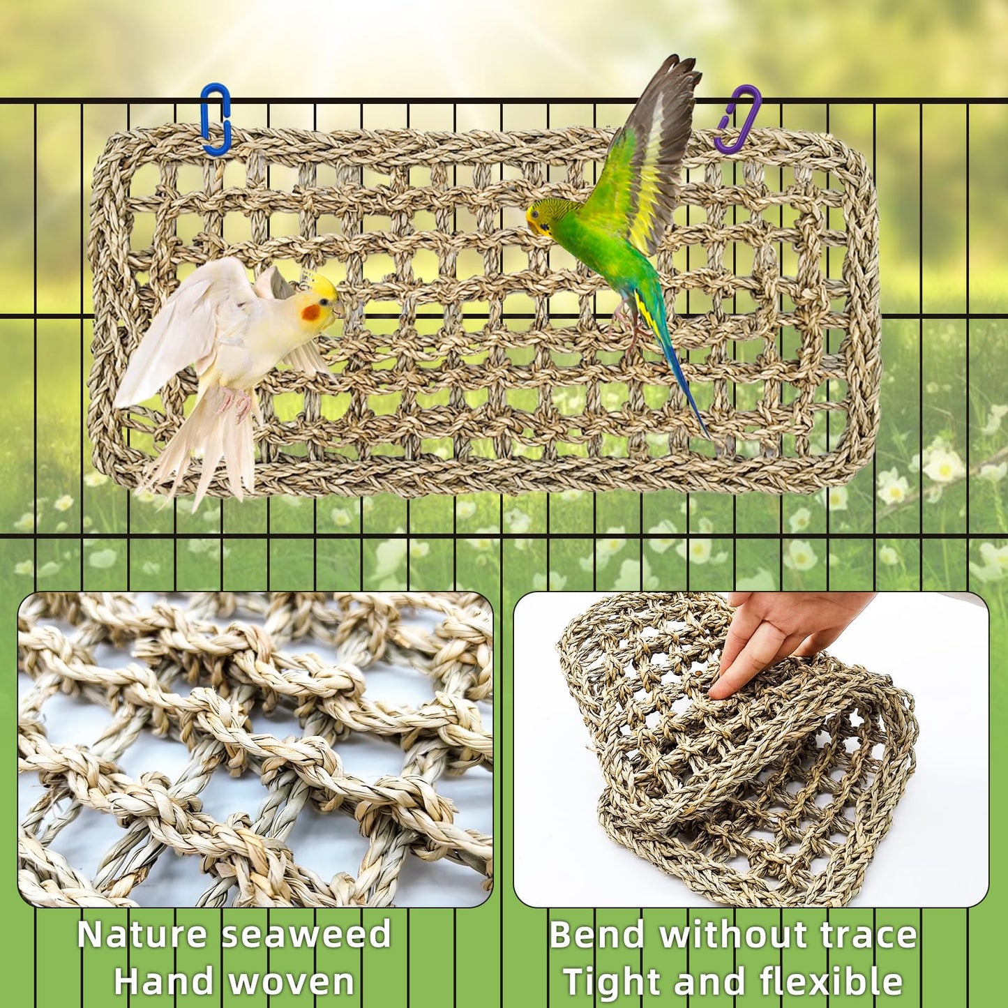 Bird Seagrass Mat 30 x 7 Inch Parrot Natural Seagrass Woven Net Hammock Parakeet Climbing Rope Ladder Mat Chew Toys Cage Accessories for Pigeon Macaw Cockatiel Conure Cockatoo Rat Bearded Dragon