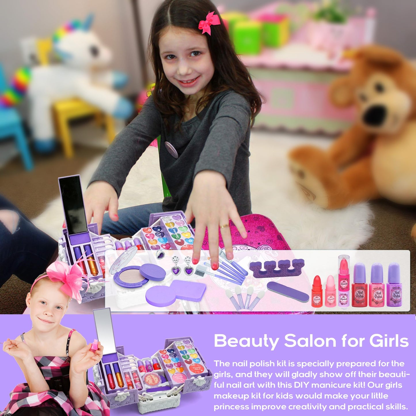 Kids Makeup Kit for Girl - 52 PCS Safe and Washable Makeup for Kids, Real Girls Makeup Kit, Toddler Makeup Kit with Cosmetic Case, Girls Toys Age 4-12, Princess Toys Birthday Gifts for Girls
