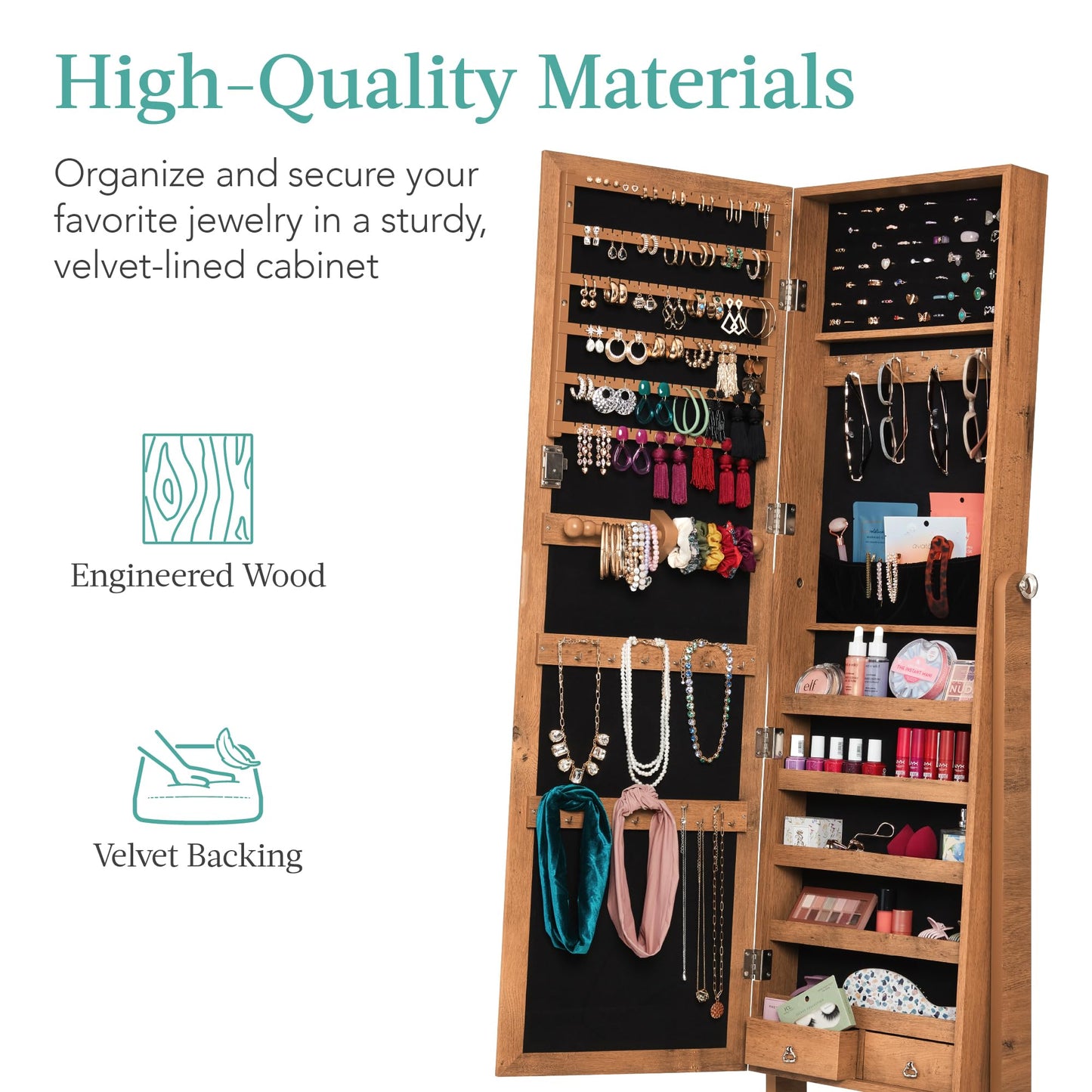 Best Choice Products Freestanding Jewelry Armoire Cabinet, Full Length Standing Mirror, Lockable Makeup Storage Organizer, w/Velvet Lining, 3 Angles, Lock, Accessory Pouch, 5 Shelves - White