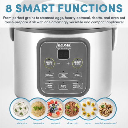 AROMA Digital Rice Cooker, 4-Cup (Uncooked) / 8-Cup (Cooked), Steamer, Grain Cooker, Multicooker, 2 Qt, Stainless Steel Exterior, ARC-914SBD