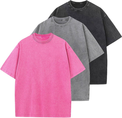 Men's Cotton T-Shirts Oversized Unisex Short Sleeves Casual Loose Wash Solid Basic Tee Tops